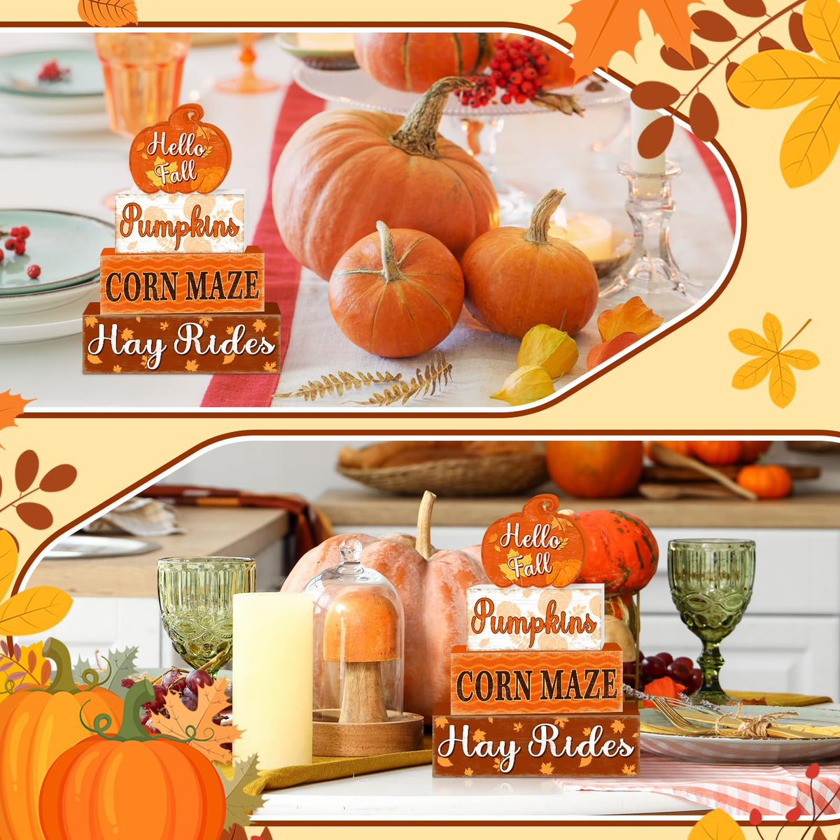 4 Pcs Fall Decorations for Home Thanksgiving Pumpkin Tiered Tray Decor, Fall Table Decor Farmhouse Rustic Wooden Pumpkin Block Sign Autumn Harvest Tabletop Centerpieces for Home Kitchen Indoor