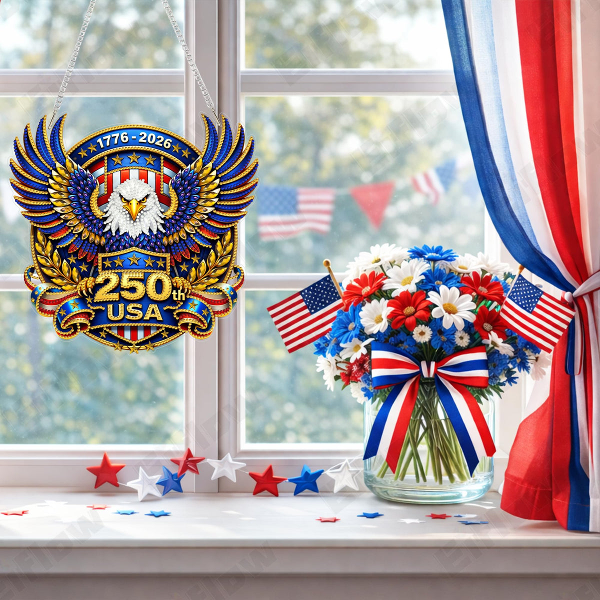 Eiflow USA 250th Anniversary Diamond Art Hanging Kit for Adults Eagle, DIY Patriotic Diamonds Painting Door Hanger Board Kit, Acrylic Diamond Art Painting Pendant Ornament 4th of July