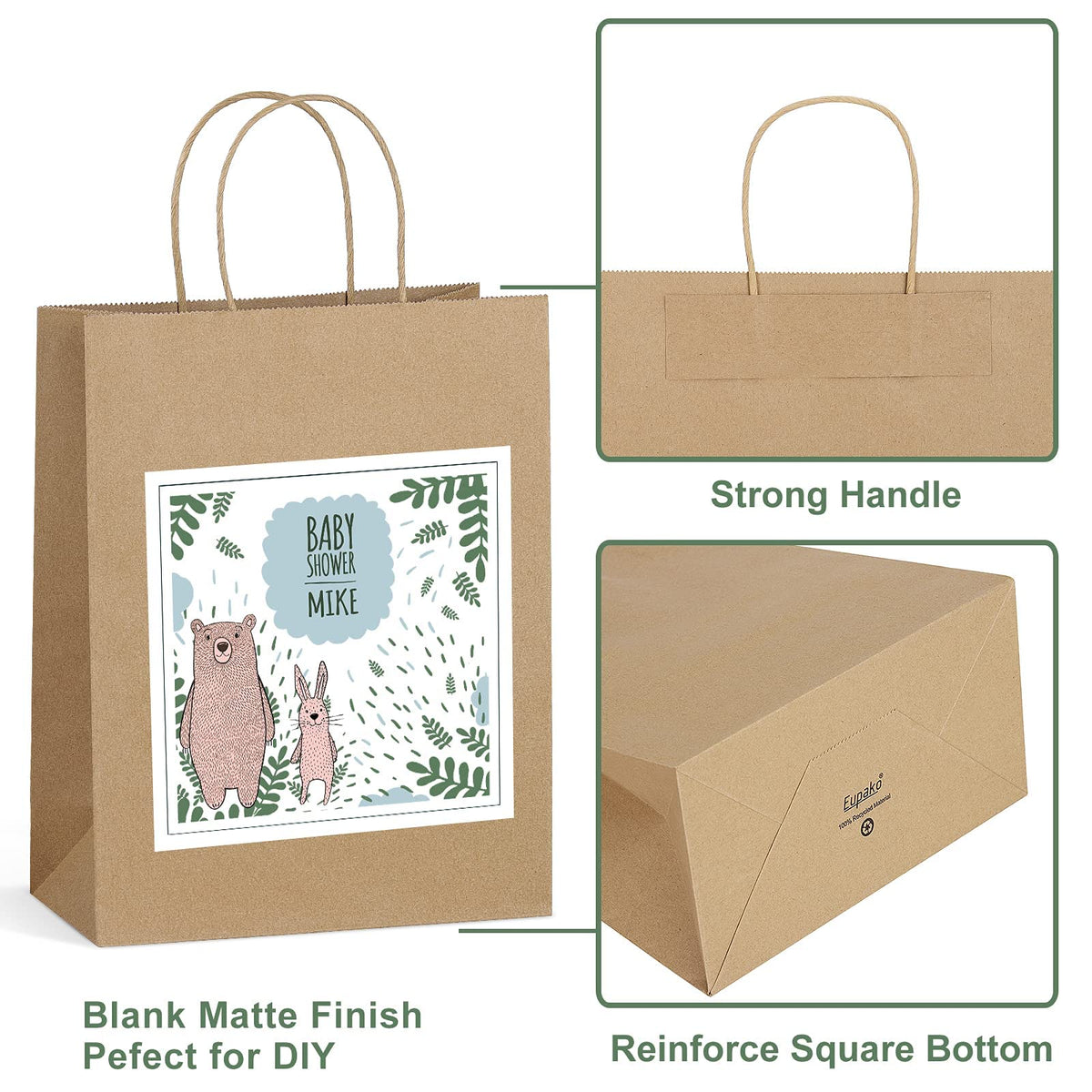 Eupako 8x4.25x10.5 Paper Bags - 100 PCS Brown Kraft Gift Bags with Handles Bulk for Shopping, Party Favor, Merchandise