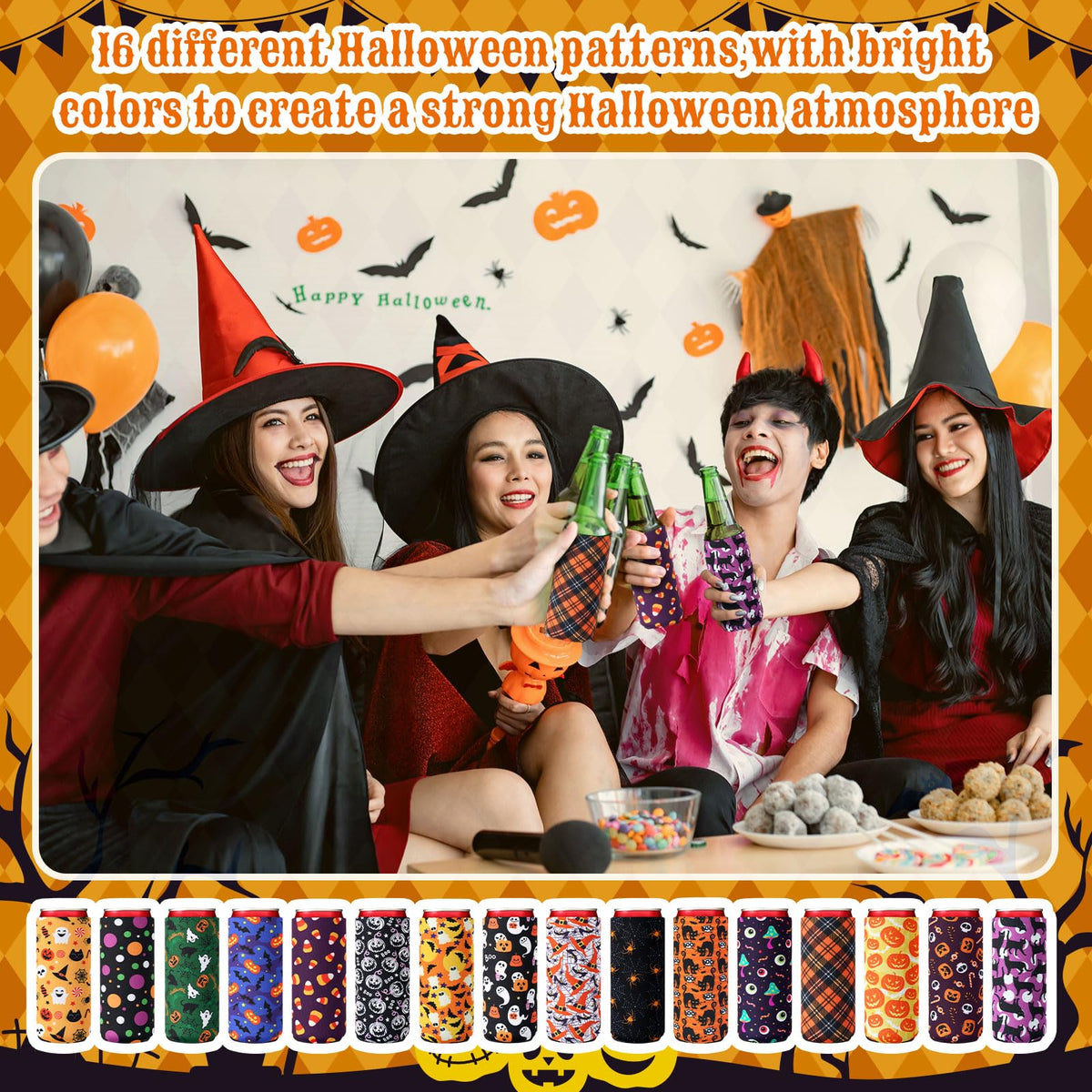 Mimorou 16 Pcs Halloween Can Coolers Sleeves 12oz Xmas Skinny Can Cooler Sleeves Reusable Neoprene Slim Beer Insulator for Halloween Party Favors Decoration Gifts Supplies (Spider)