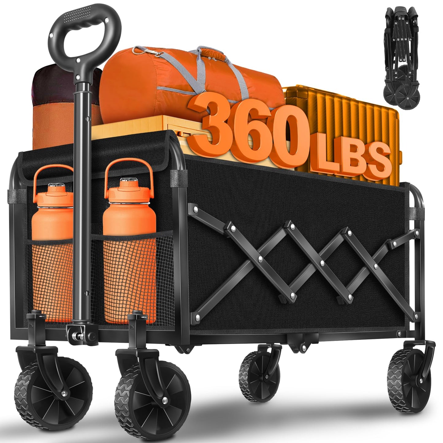 Wagons Carts Foldable,360lbs Collapsible Wagon with Wheels, Lightweight Foldable Wagon Cart with Drink Holders for Camping,Travel,Picnic,Shopping,Sports,Storage,Fashion Black