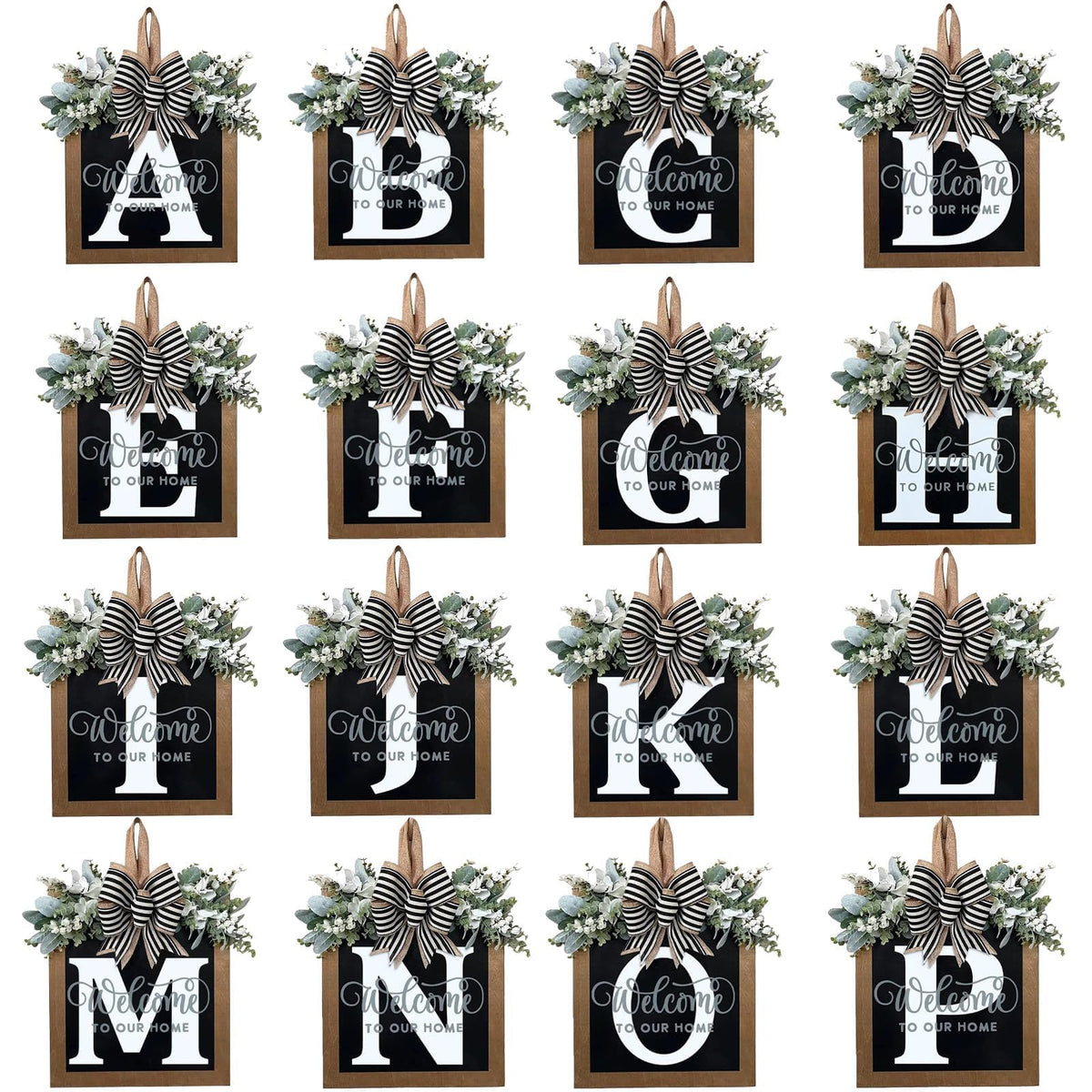 Last Name All Year Round Front Door Wreath with 26 Initial Letter Welcome Sign All Seasons Eucalyptus Garland and Bow ，Farmhouse, Porch, for Spring Summer Fall All Seasons Holiday Halloween Christmas. (M)