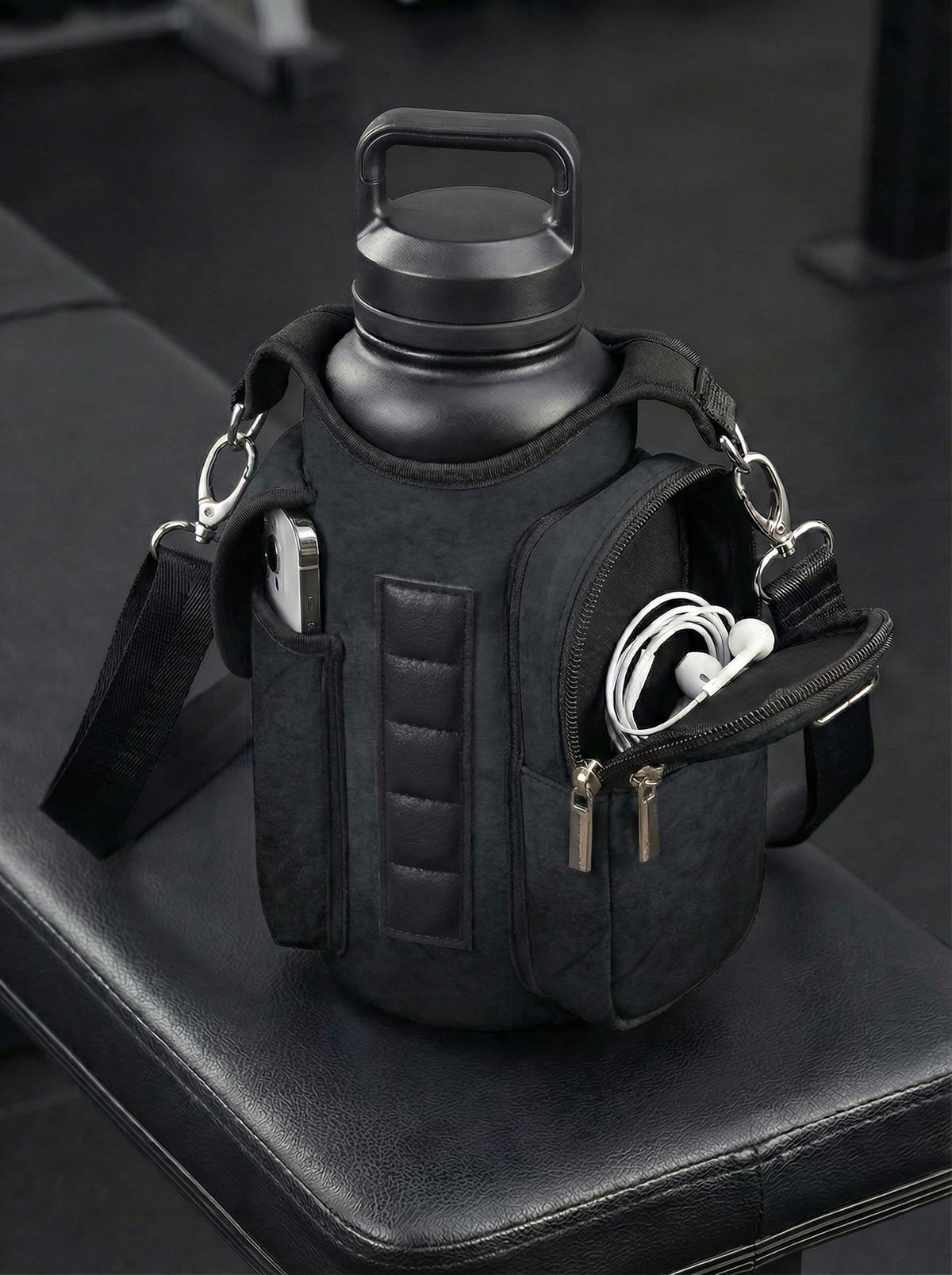 AORTDES Magnetic Gym Bag Water Bottle Holder for 18-40 oz Bottles, Neoprene Pouch with Phone Pockets, Workout Gym Accessories for Men Women,Small Gym Bag Essentials (Industrial Black)