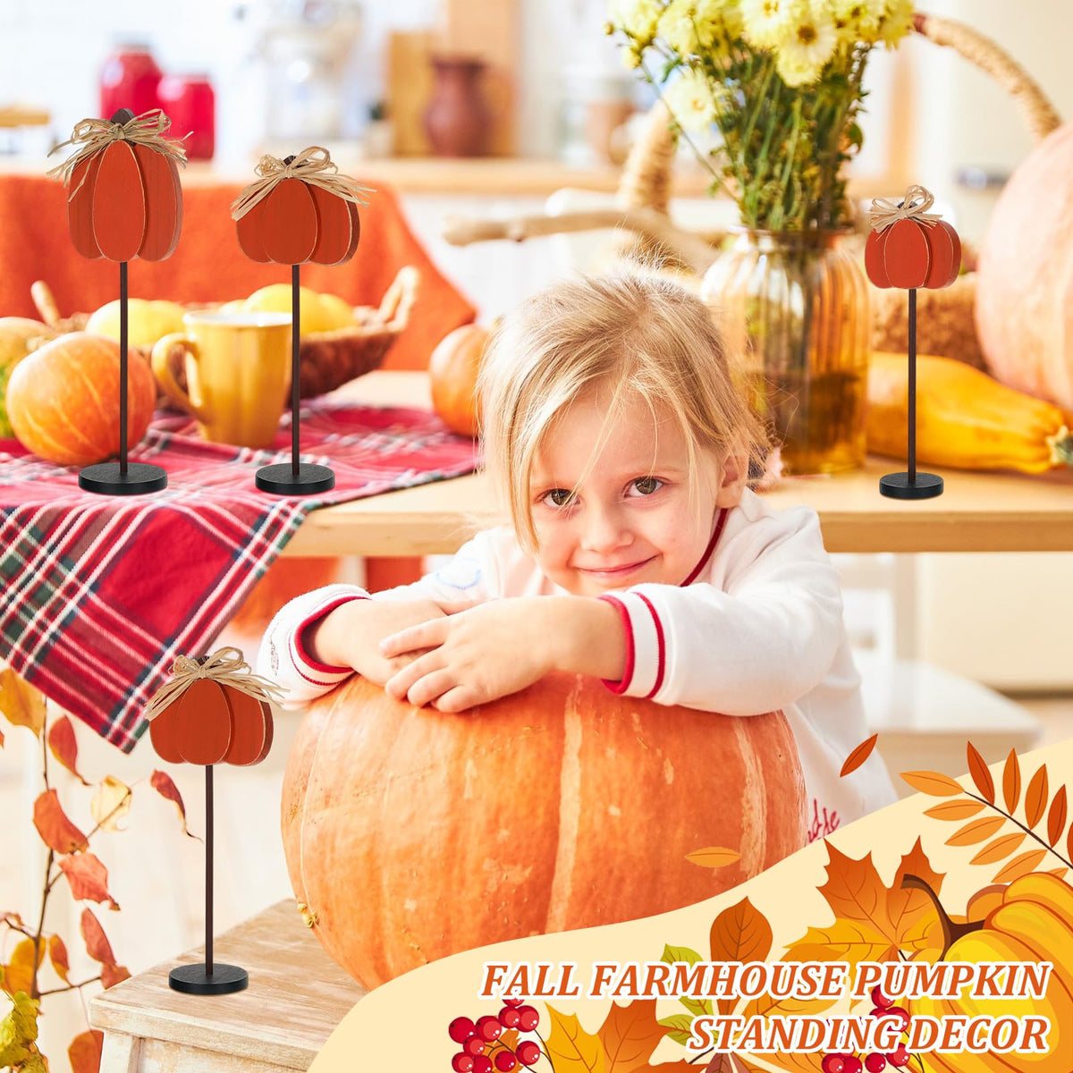 Thyle 3 Pcs Thanksgiving Pumpkin Table Centerpieces Wood Harvest Table Decorations for Home Standing Block Tall Sign with Bow for Home Decor(Orange)