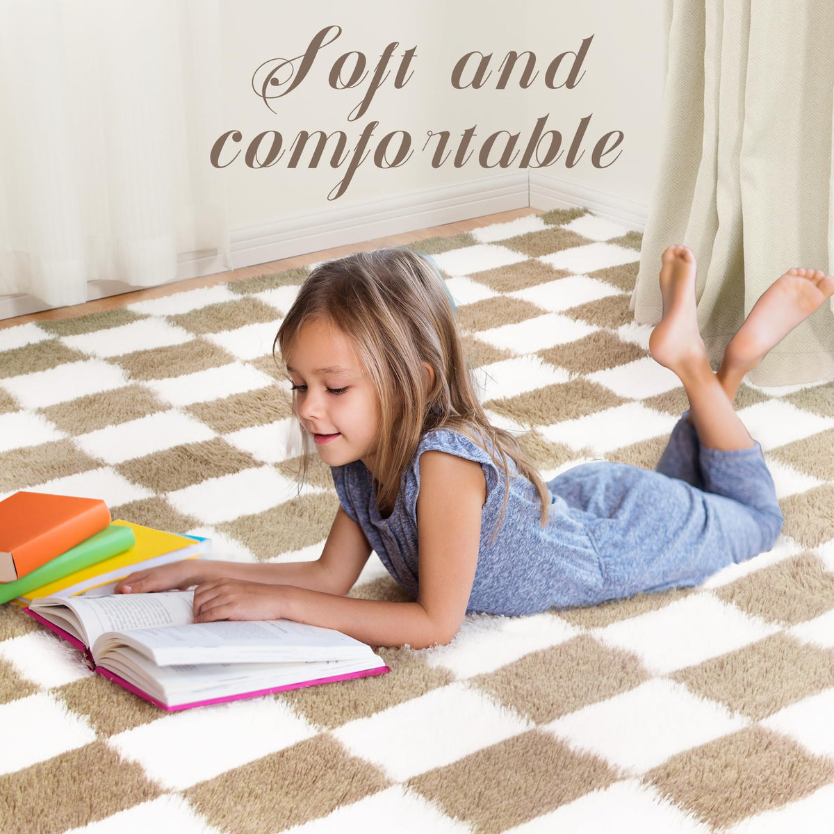 Super Soft Rug for Bedroom, 3x5 Ft Beige and White Area Rug Classic Checkered Shaggy Anti-Skid High Pile Soft Fluffy Rug Fuzzy Carpet for Living Room Bedroom Kids Room Nursery, Dorm Home Decor