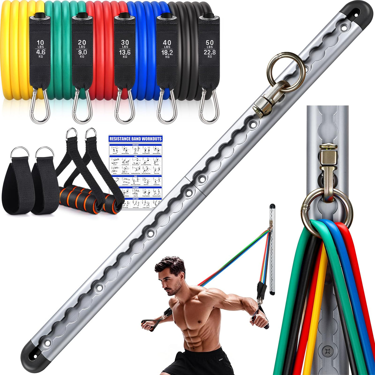 TOBWOLF Resistance Band Wall Mount System, Sturdy Resistance Bands Wall Anchor, Space Saving Home Gym Solution for Strength Training, Wall Mount Workout Anchors Multi-Purpose for Complete Full Body
