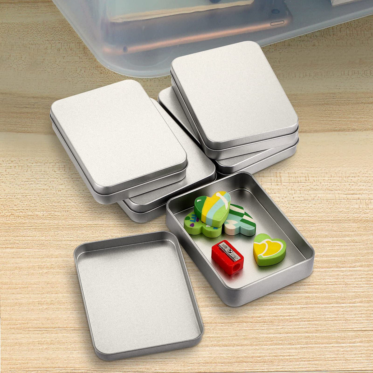 JUXYES Pack of 12 Rectangular Storage Tins Box With Lid, Metal Silver Empty Tins Box Containers Mini Storage Box Organizer For Candles Candies Gifts Balms, 4.5 x 3.14 x 1 Inch