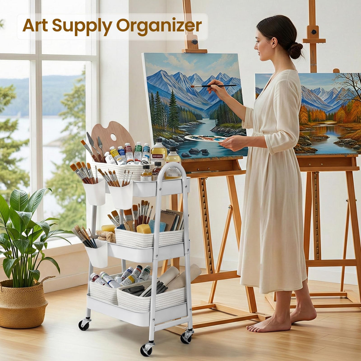 3-Tier Rolling Utility Cart with 4 Woven Baskets, Diaper Book Snack Cart, Storage Organizer for Nursery, Kitchen, Craft Room, Home SPA, Living Room, Metal Frame Trolley on Lockable Wheels, White