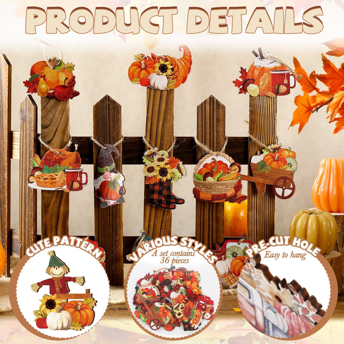 Huwena 36 Pcs Thanksgiving Tree Ornaments Fall Tree Decorations Pumpkin Scarecrow Turkey Gnome Wood Cutouts with Ropes Fall Wooden Ornaments for Autumn Harvest Party Decor