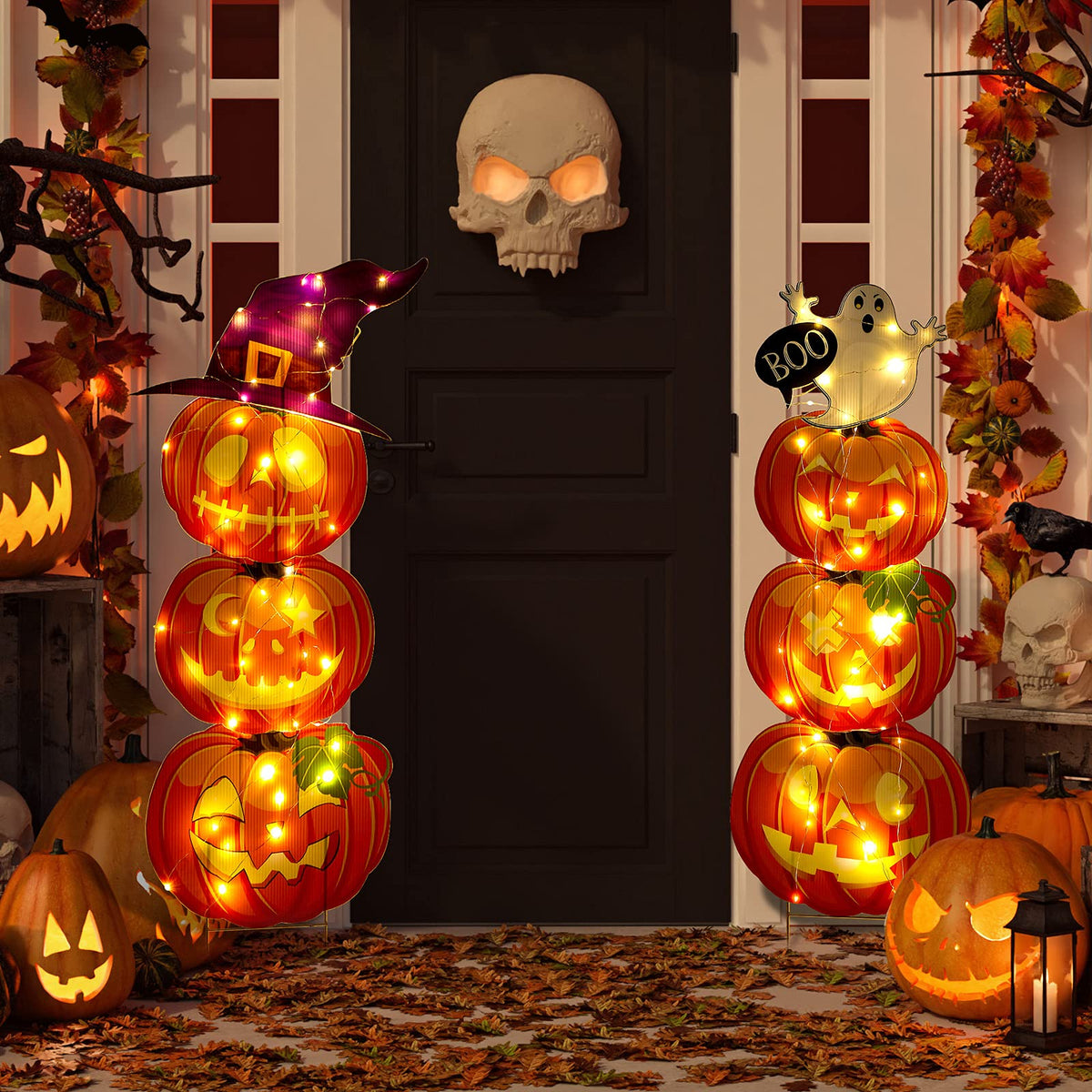 Jetec 2 Pcs 44 Inch Outdoor Halloween Decorations Light up Pumpkin Yard Stakes Plastic Stacked Pumpkin Witches Hat Boo Ghost Stake Sign with LED String Lights for Outside Home Lawn Pathway Party