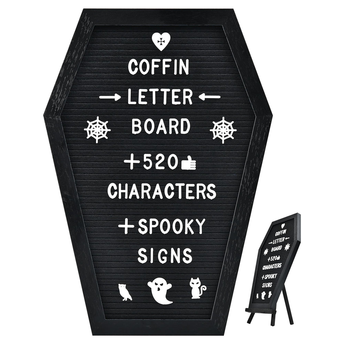 Coffin Letter Board - 520 Characters Spooky Halloween Characters with Wooden Stand and Canvas Bag - 16x11 Inches - Felt Message Board for Home Office Halloween Supplies & Decor (Black)