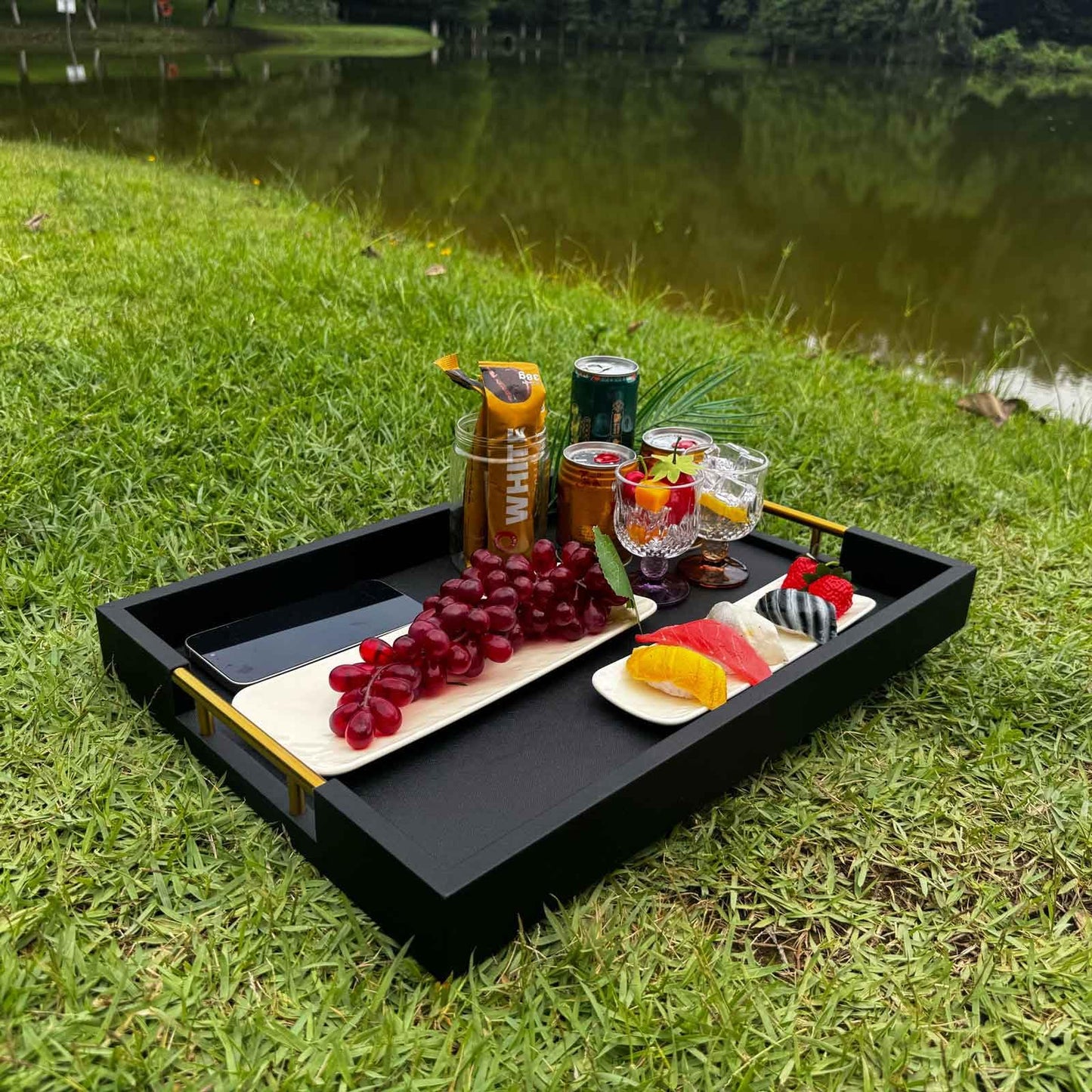 14x20 Inches Black Faux Leather Wrappen Wood Serving Tray with Metal Handles for Various Occasions, Ottoman, Home Decor Decorative, Living Room, Coffee Table Organizer, Serving Breakfast On Bed