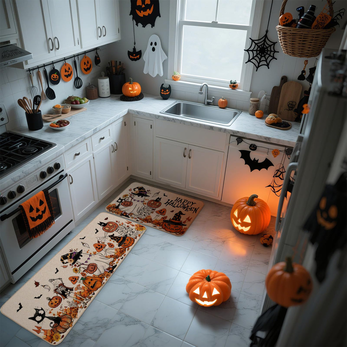 Moutina Happy Halloween Ghost Mushroom Pumpkin Skeleton Decorative Kitchen Rugs Set of 2, Halloween Holiday Party Home Decor Low-Profile Kitchen Mats for Floor - 17x29 and 17x47 Inch