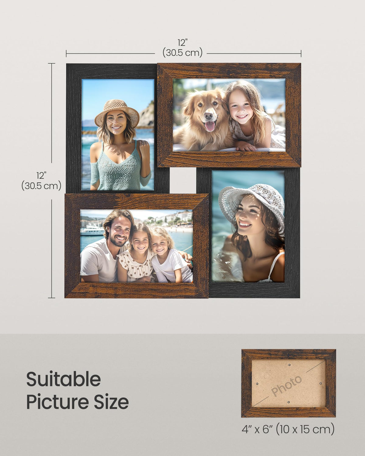 SONGMICS Collage Picture Frames, 4x6 for Wall Decor, Multi Family Photo for Gallery Decor, Hanging Display, Set of 4, Ink Black and Rustic Brown URPF025K01