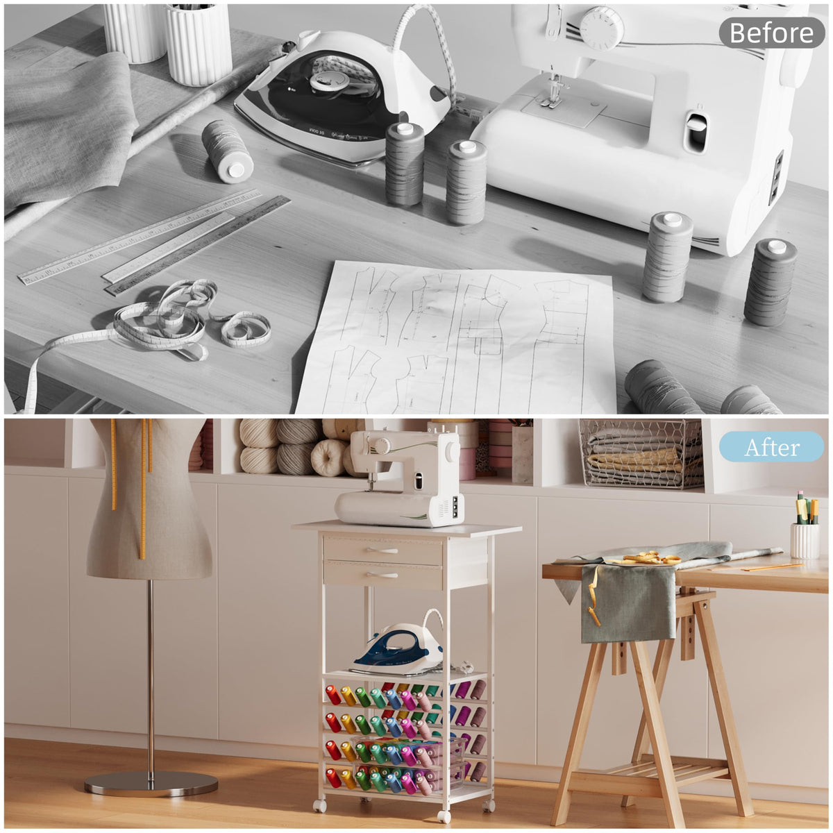 NinPeen Rolling Sewing Machine Table with 2 Fabric Drawers，Craft Table on Wheel with Spools Thread Holder，Portable Sewing Cabinet for Embroidery Machine with 3 Open Shelves for Small Spaces (White)