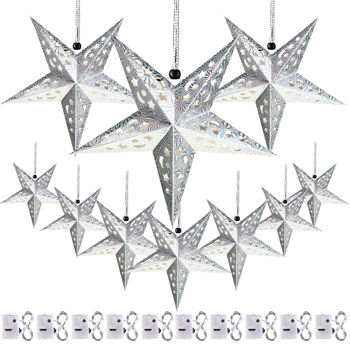 Zhanmai 10 Pcs Christmas Paper Star Lantern Lampshade 3D Hanging Lights with 20 LED, Silver