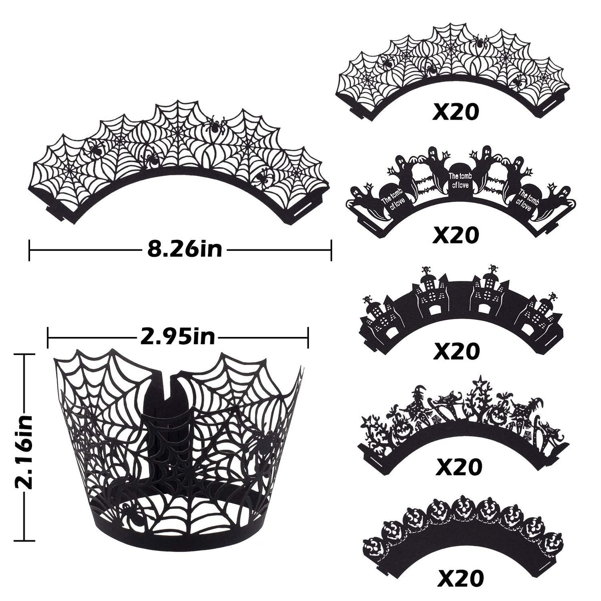 Whaline 100 Pcs Halloween Cupcake Wrappers, Artistic Bake Paper Cups Black Laser Cut Cupcake Liners Cake Decoration for Halloween Theme Party