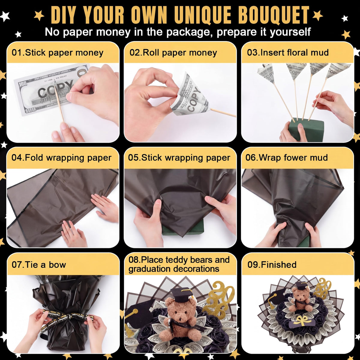 Chunful 143 Pcs Graduation Money Bouquet Kit DIY Flower Bouquet Gifts with Cute Bear Wrapping Paper Graduation Cap Class of 2026 Grad DIY Craft Set for College Middle High School Graduate Party Gift