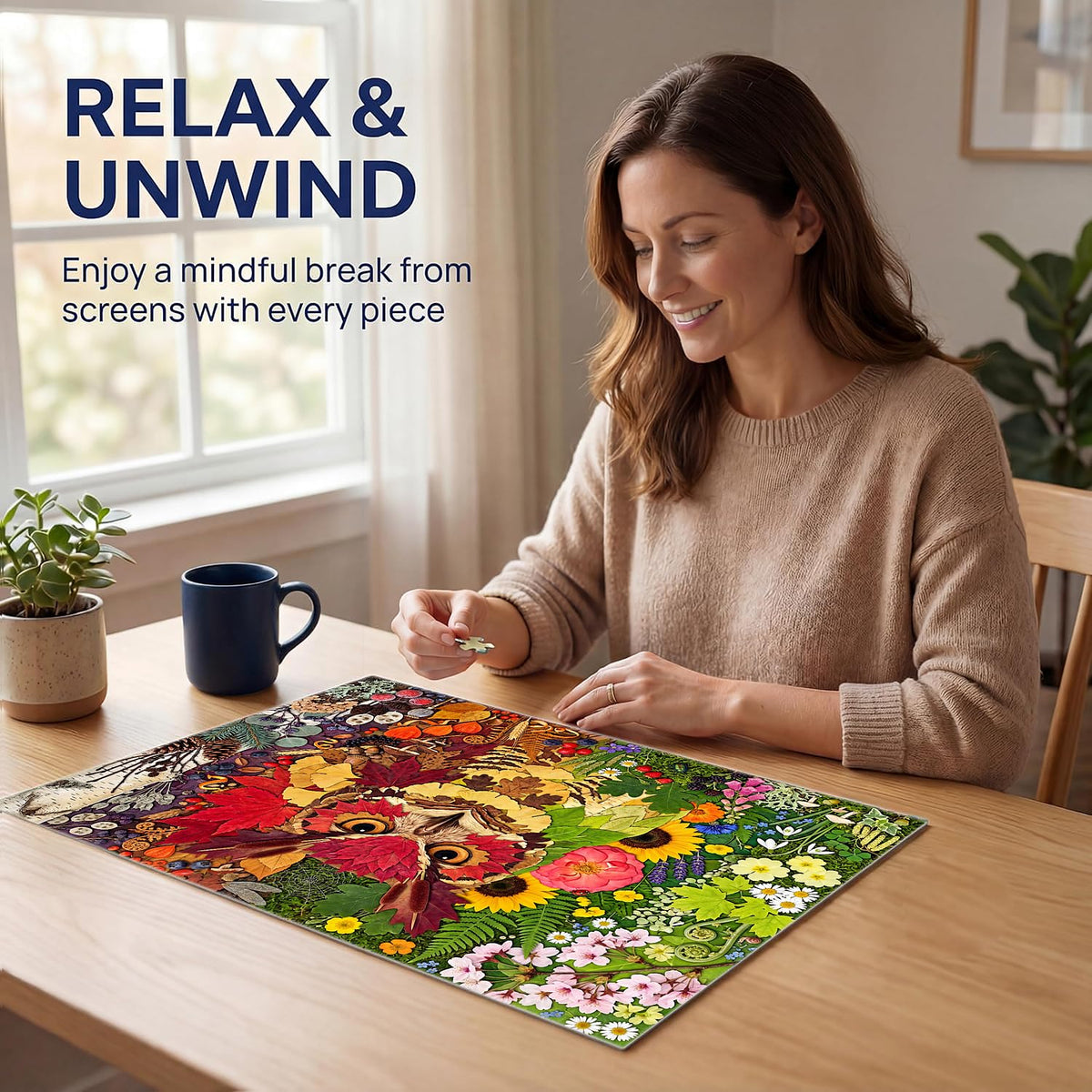 500 Piece Jigsaw Puzzle for Adults - Botanical Owl Four Seasons Pressed Flower Collage - Colorful Nature Art Style 20.5x15 in with Reference Poster - Unique Wall Art Gift