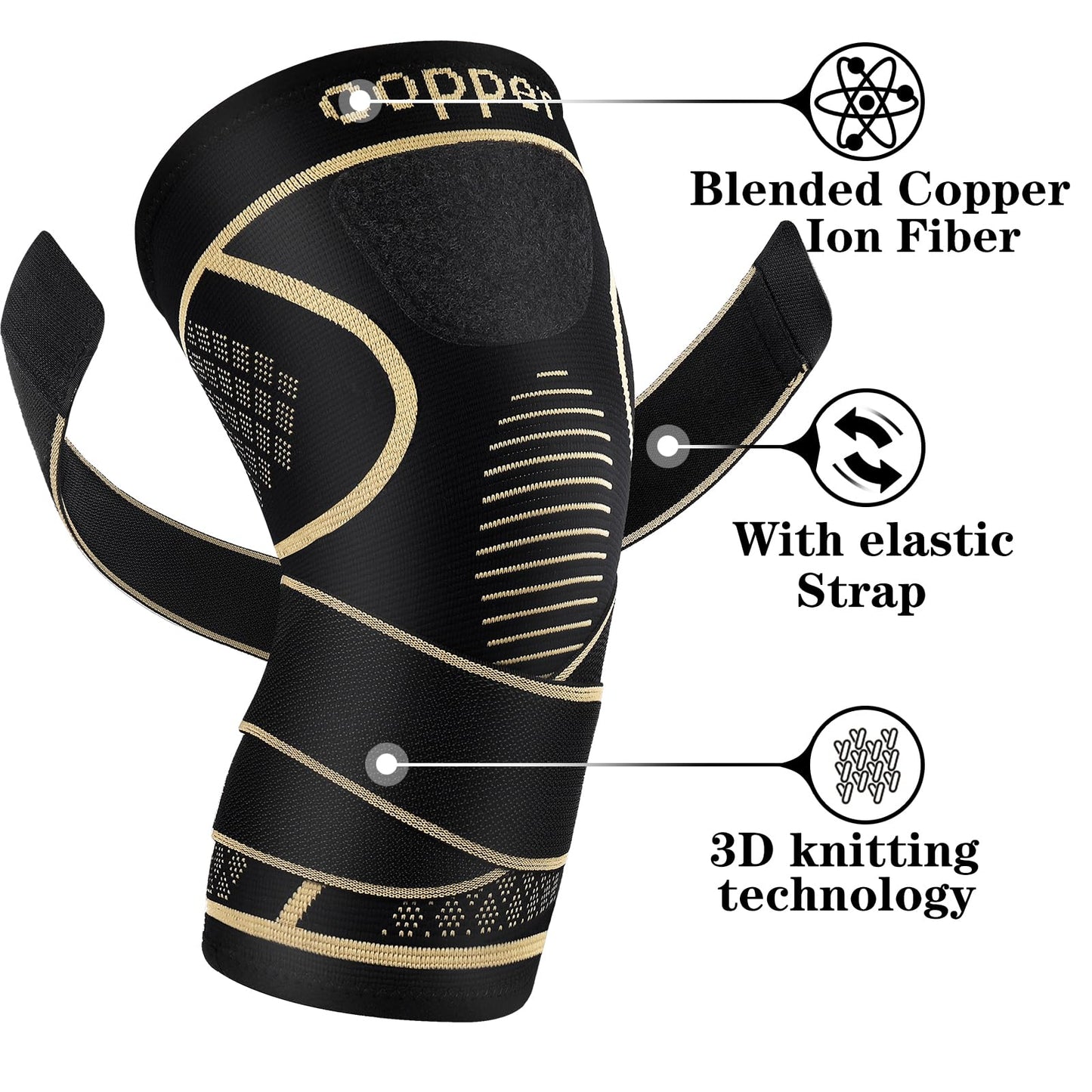 Copper Knee Braces with Strap for Knee Pain Women and Men(2 Pack), Knee Compression Sleeve for Arthritis, ACL, Meniscus Tear, Joint Pain Relief, Knee Support for Working, Running, Weightlifting(L)