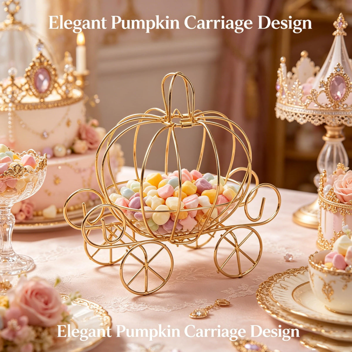 YANGYIXIN 4-Pack Metal Candy Server Gold Pumpkin Carriage Centerpiece Box for Princess Birthday, Princess Party & Themed Party Decorations