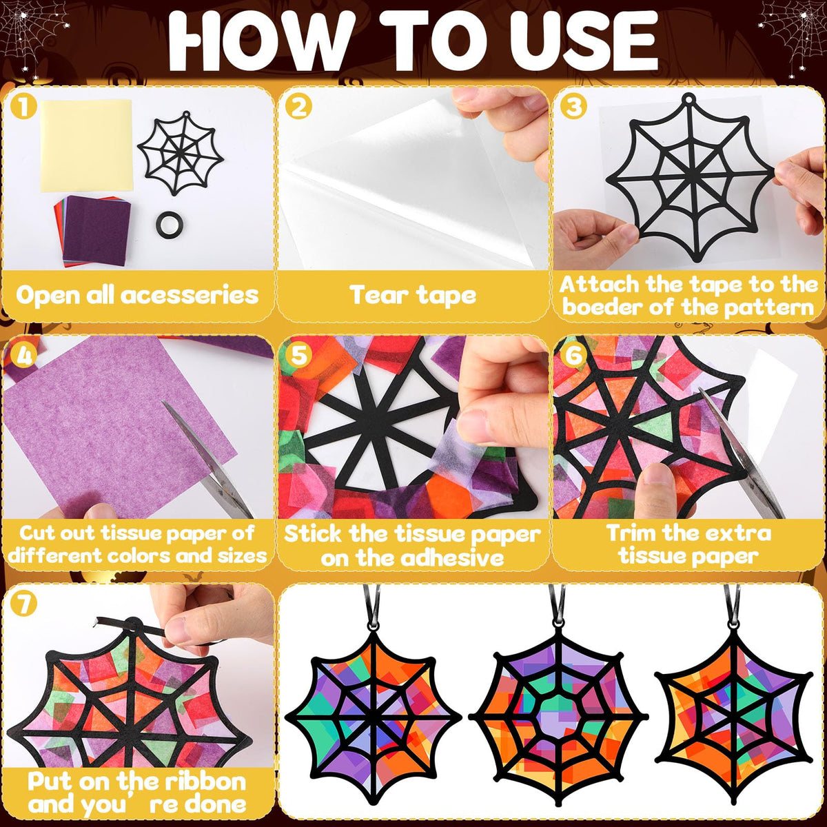 Qyeahkj 36 Set Halloween Spider Web Suncatchers Crafts DIY Hanging Spider Web Tissue Paper Crafts Kit Window Art Ornaments Decor for Halloween Activity Art Project Party Favor Gift