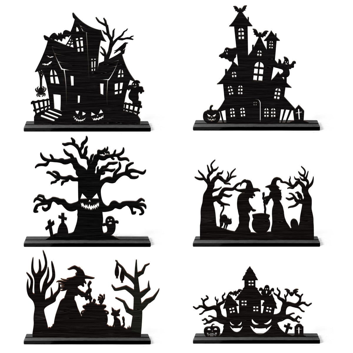 WATINC Halloween Wooden Centerpiece Decorations - Haunted House Witch Tree Silhouette Sketch Wood Tabletop Ornaments, Halloween Black Pumpkin Boo Desk Tiered Tray Decor for Home Kitchen Party