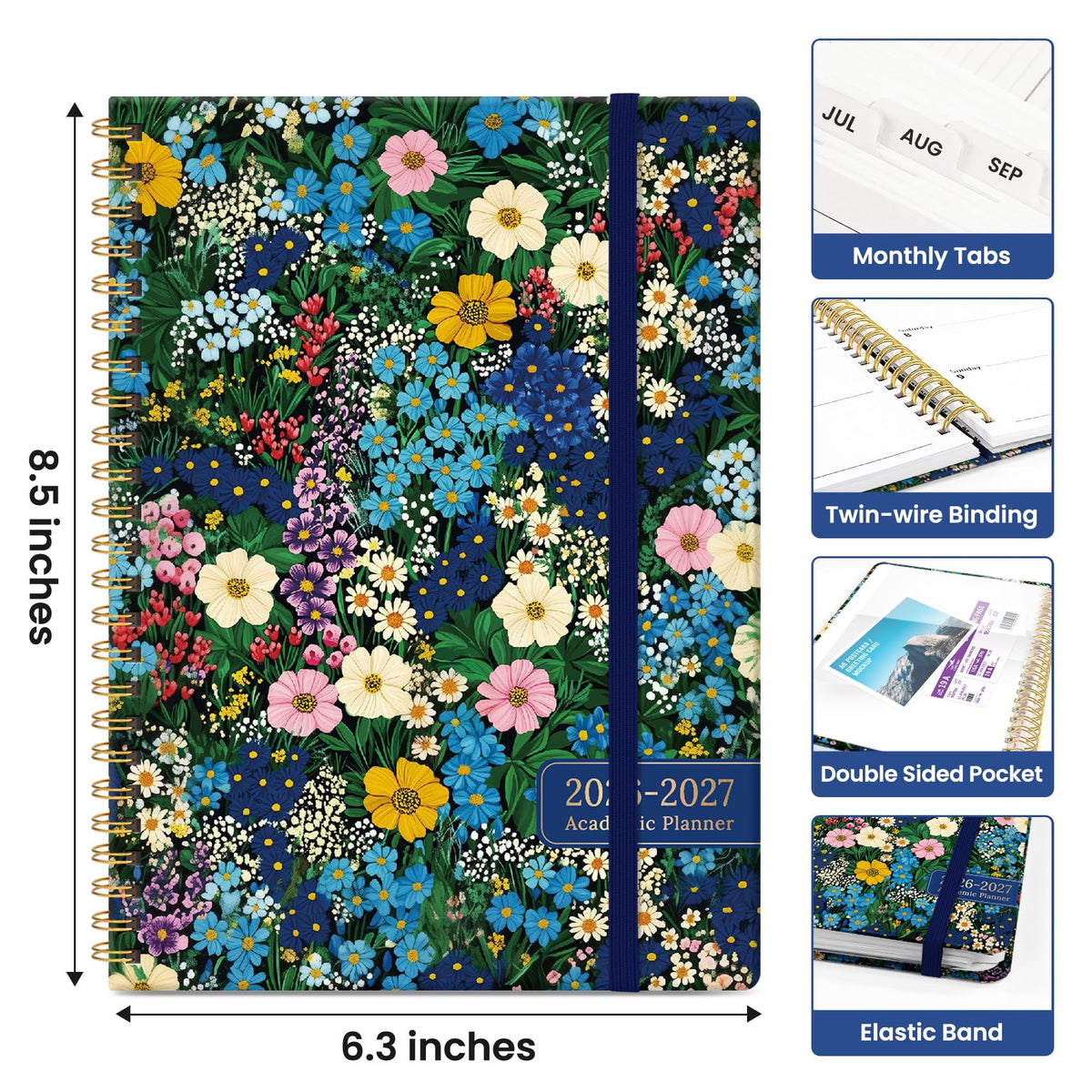 Planner 2026–2027, Weekly & Monthly Academic Organizer for School Year, Jul 2026–Jun 2027, Hardcover Planner with Tabs, Back to School Essential, 6.3" x 8.5", Wildflower Meadow