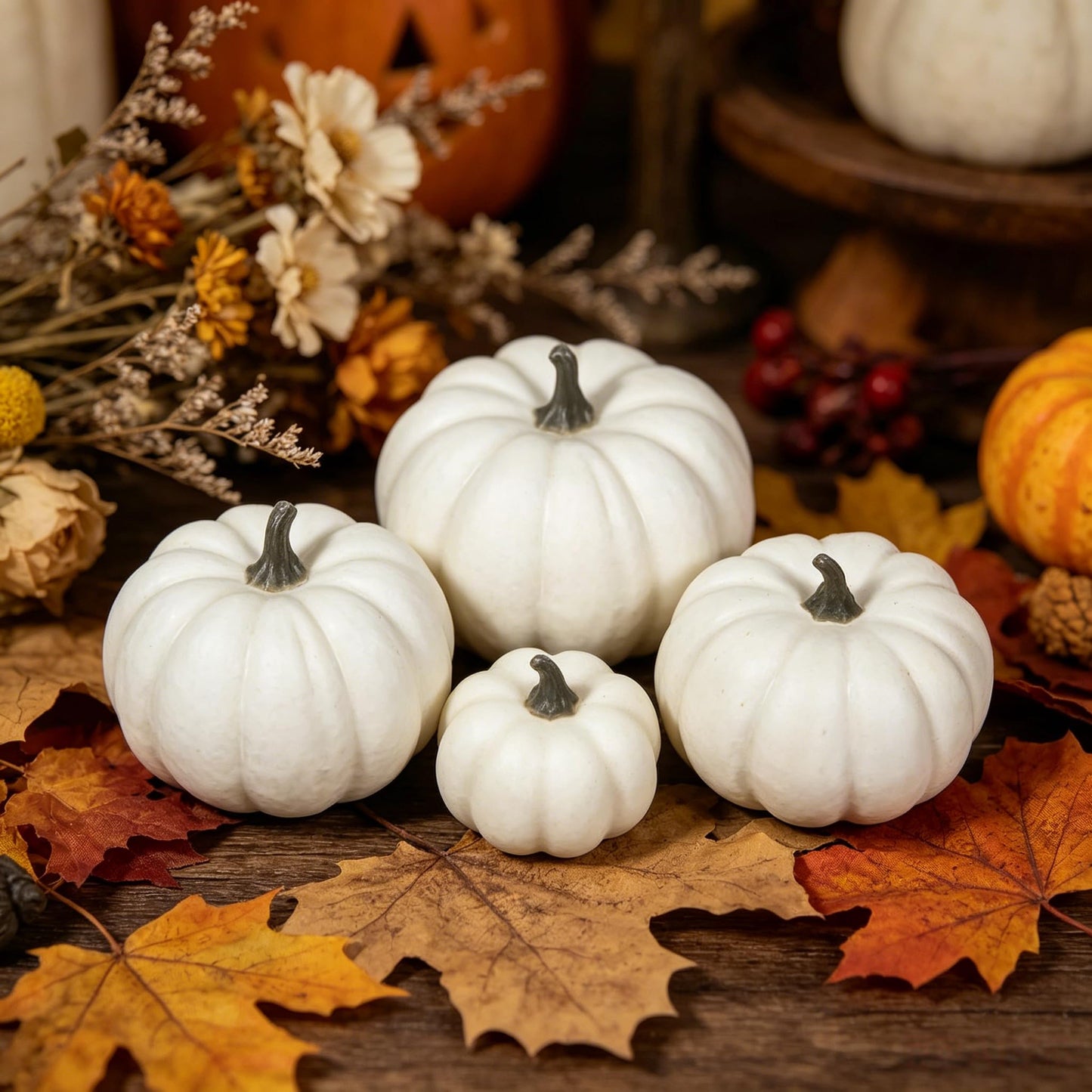 Orgrimmar 12PCS Realistic Artificial Pumpkins Lifelike Fake Pumpkins Table Fireplace Decor for Fall Harvest Wedding Halloween Thanksgiving (White, 12PCS)