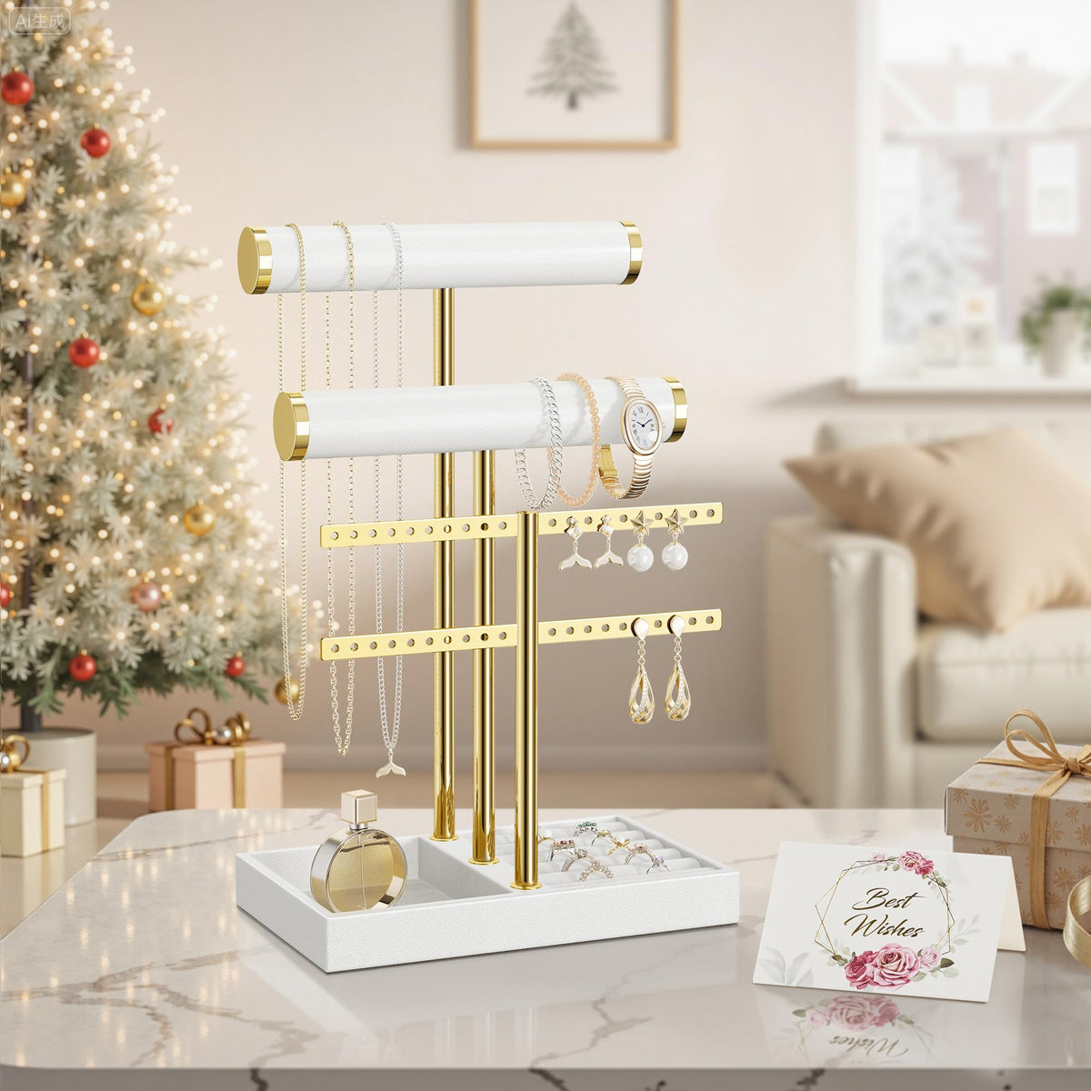 bussdis 3 Tier Bracelet Holder Display - White Leather Bracelet Holder, Detachable T Bar Jewelry Holder Organizer for Bracelet, Necklace, Earrings, Rings, Watches, Bangle