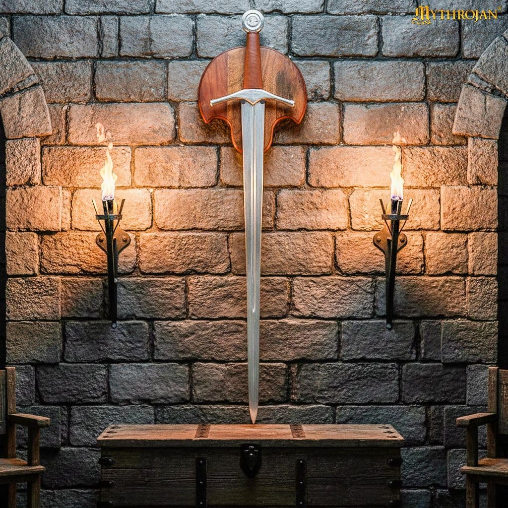 Medieval Sword Wall Display Plaque with Adjustable Steel Hanger– 10 × 9 in Acacia Hardwood Wall Rack for Medieval, Fantasy & Decorative Swords