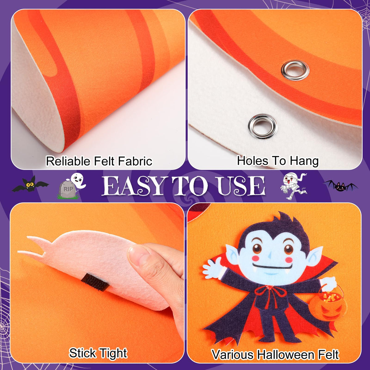 WovWeave 2.79ft DIY Felt Halloween Pumpkin Hanging Decor with 44 Pcs Ornaments Felt Pumpkin Witch Bat Kits with Hooks for Halloween Party Favor Gifts Home Wall Hanging Decorations Fun Activity