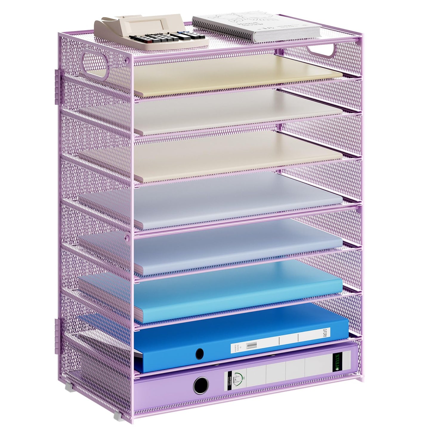 Marbrasse Paper Organizer Letter Tray, 9 Tier Mesh File Organizer with Handle, Paper Sorter Desk Organizer for Home Office Supplies - Purple