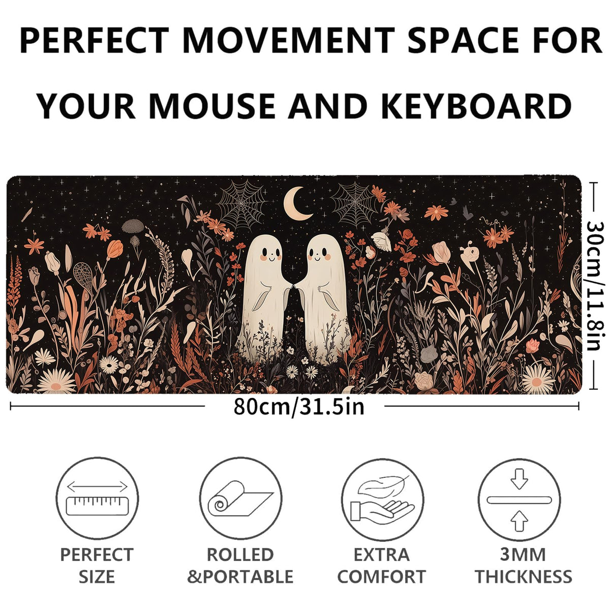 amepay Cute Ghost Gaming Mouse Pad 31.5x11.8in,Moon Large Extended Desk Mat with Non-Slip Rubber Base,Halloween Big Mousepad for Laptop Computer PC,for Gamer Office Home Decor,Deskmat Gifts