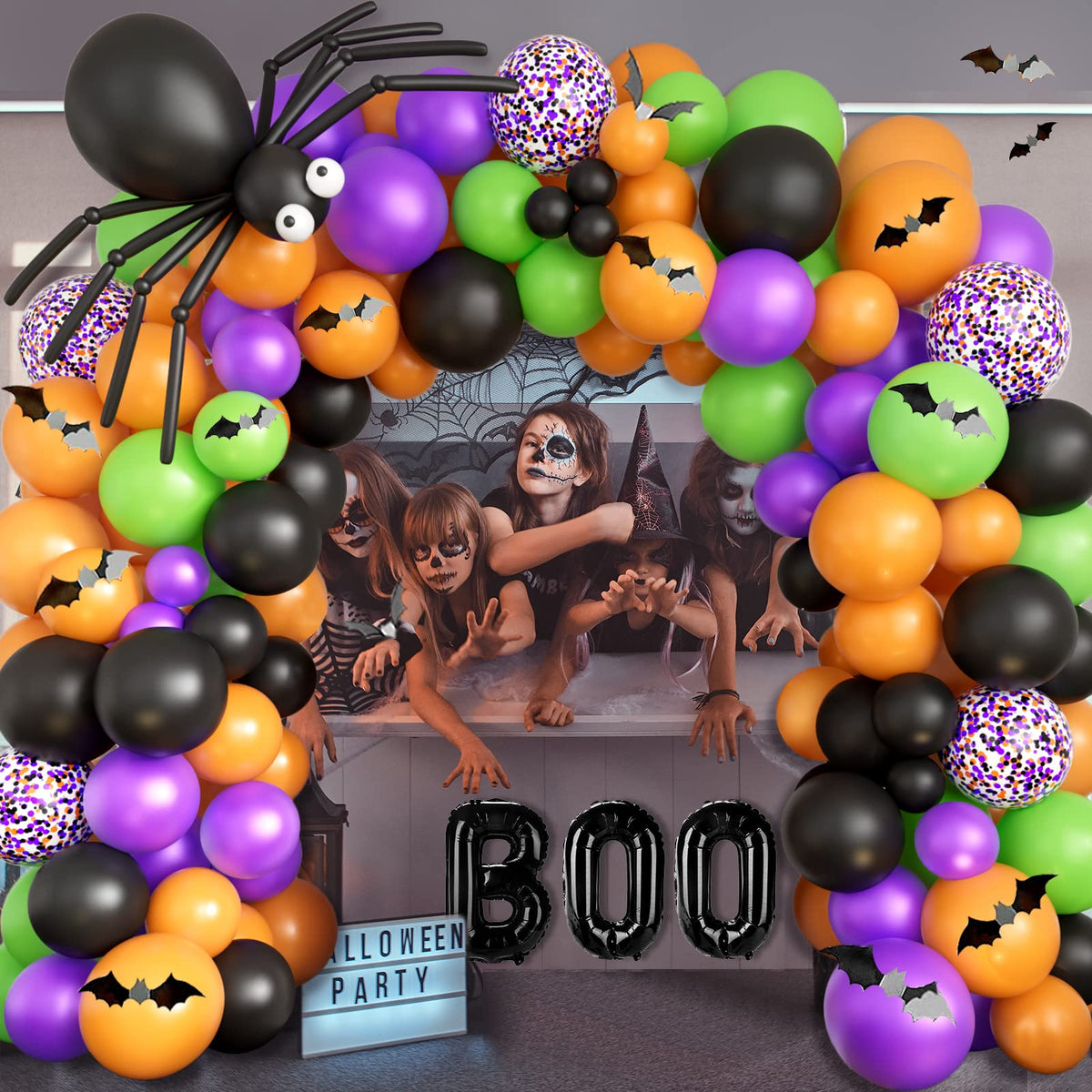 DBKL Halloween Balloons Garland Arch Kit with BOO Foil Balloon Spider Balloon Black Orange Purple Fruit Green Confetti Balloons for Halloween Party Decorations