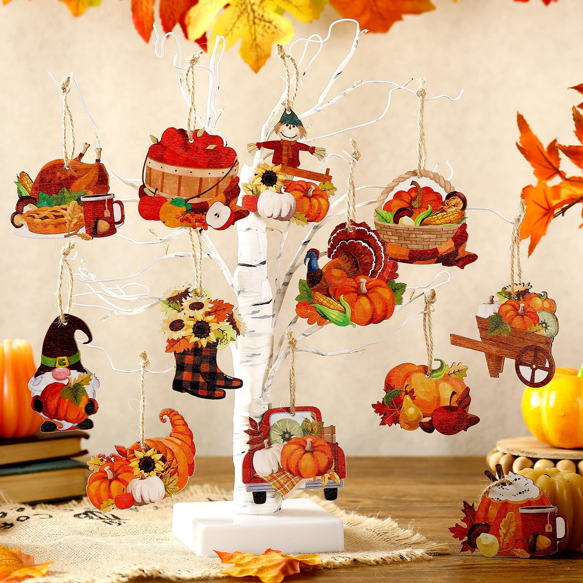 Huwena 36 Pcs Thanksgiving Tree Ornaments Fall Tree Decorations Pumpkin Scarecrow Turkey Gnome Wood Cutouts with Ropes Fall Wooden Ornaments for Autumn Harvest Party Decor