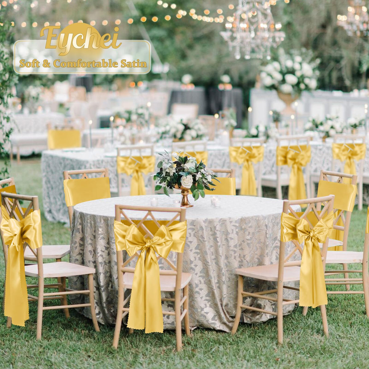 Eychei 12pcs Gold Satin Chair Sashes & Bows, 7x108in Chair Bow Ties for Wedding, Party, Banquet, Restaurant, Hotel Events