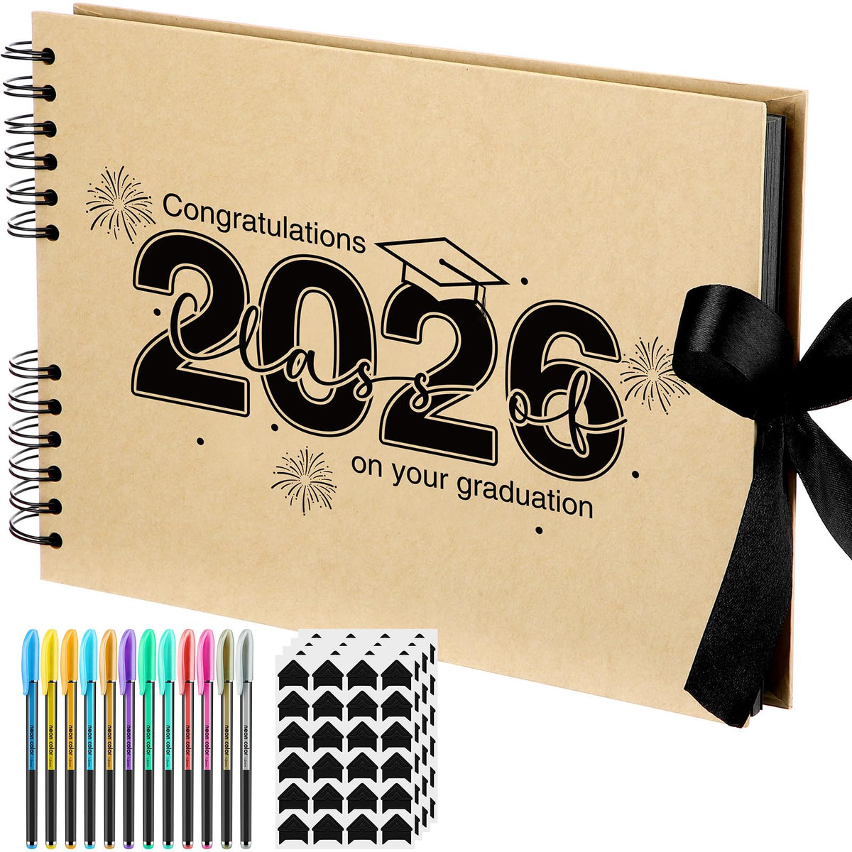 Dunzoom 80 Pages Graduation Scrapbook Kit 11 x 8 Inch Photo Album of 2026 Graduation Decoration with 12 Metal Pens and 4 Sheets Stickers for DIY School Congrats Grad Memory Book to Sign(Brown)