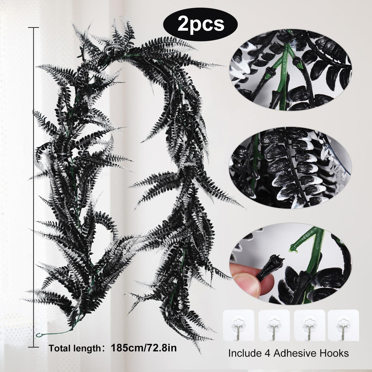 RECUTMS 2pcs Black Garland Artificial Boston Palnts 6 FT Fern Garland Faux Hanging Greenery Halloween Wreath for Outdoor Indoor Halloween Decor (Black White)