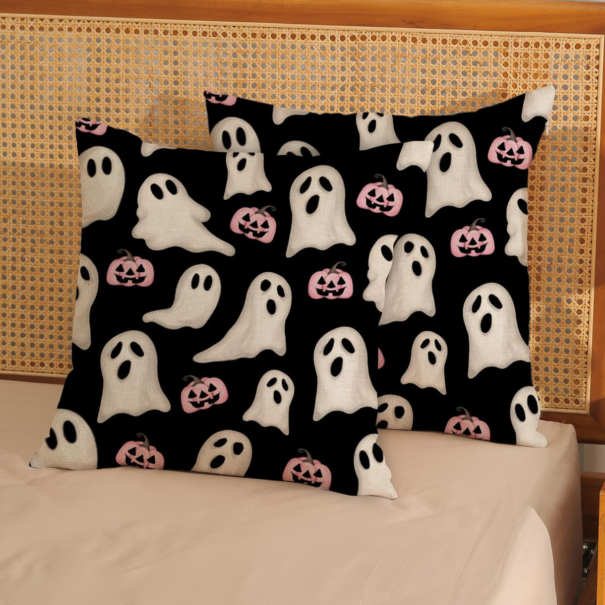 Halloween Pillow Covers 18x18 Inch Set of Black Pink Ghost Pumpkin Throw Pillow Covers Outdoor Decor,Autumn Halloween Decoration Ghost Farmhouse Linen Decorative Cushion Cover for Sofa Couch