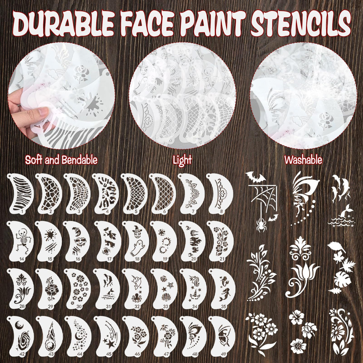 55 Pcs Face Paint Stencils, Reusable Face Painting Stencils Washable Body Makeup Art Tattoo Templates Flowers Animals Shapes Elements with Hanging Hole for Party Holiday Halloween, White Translucent