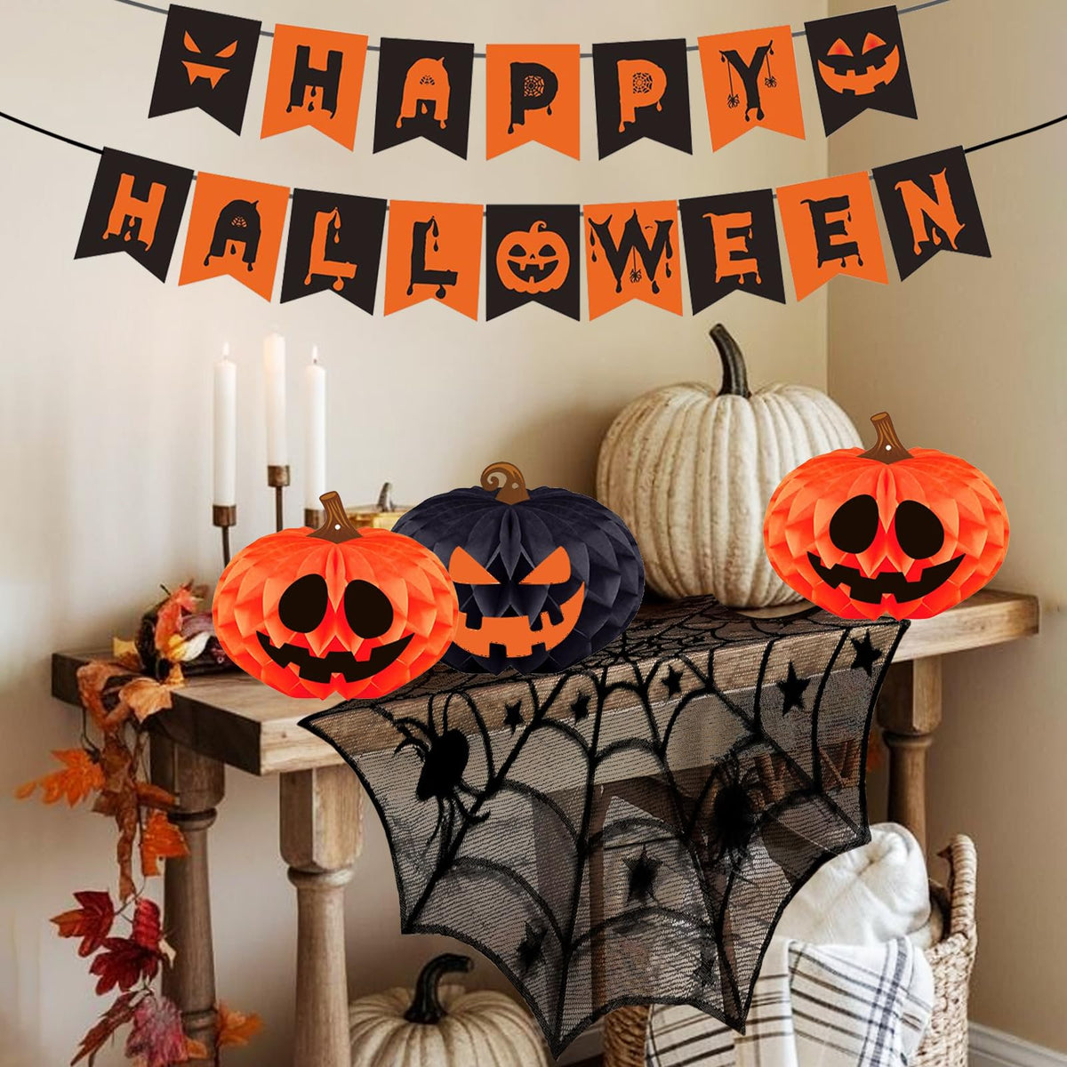 Halloween Party Decorations Indoor Kit with Paper Honeycomb Balls & fans, Fireplace Mantel Scarf, Spiderweb Table Runner, Banner, 48 Pcs Scary Bat Sticker for Halloween Spooky Home Decor