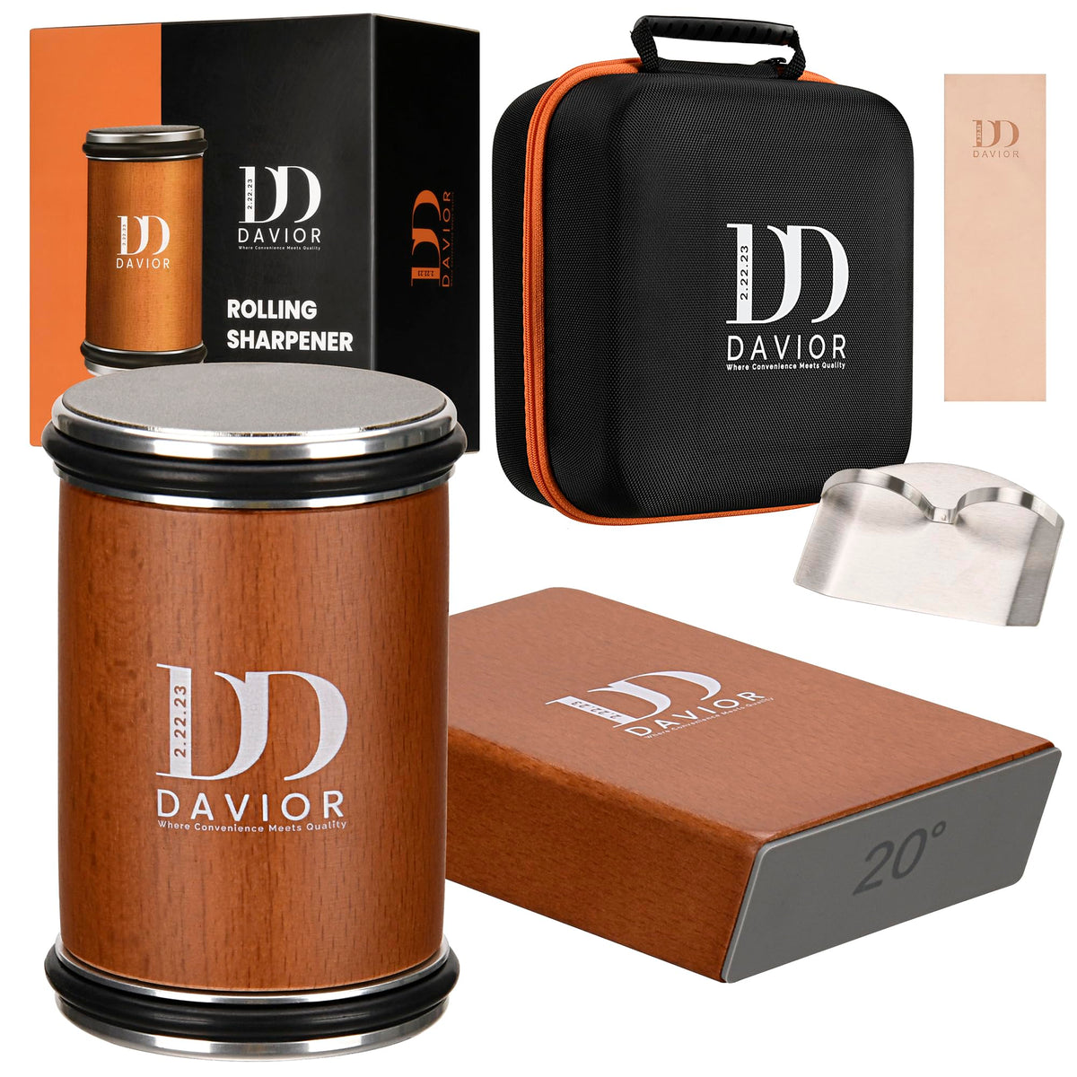Davior Rolling Knife Sharpener Kit with Diamond Discs, 15° & 20° Multi Angle Magnetic Knife Sharpener Roller Tool for Kitchen and Pocket Knives, Finger Protector, Leather Strop & Carry Bag
