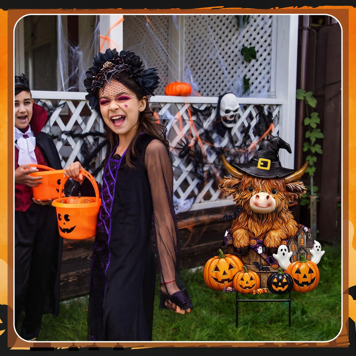 Amyhill Halloween Highland Cow Outdoor Decor Metal Garden Stakes with Pumpkins Bats Yard Signs for Halloween Outdoor Lawn Porch Backyard Holiday Lawn Decorations