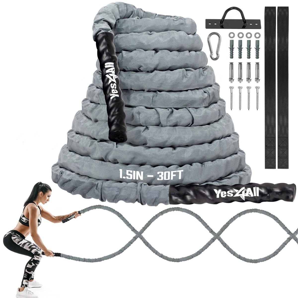 Yes4All 1.5 Inch Battle Ropes with Extra Protective Sleeve, Workout Ropes for Cross-Training Home Gym & Fitness Exercises, Strength Training - 30,40 Feet Lengths Available