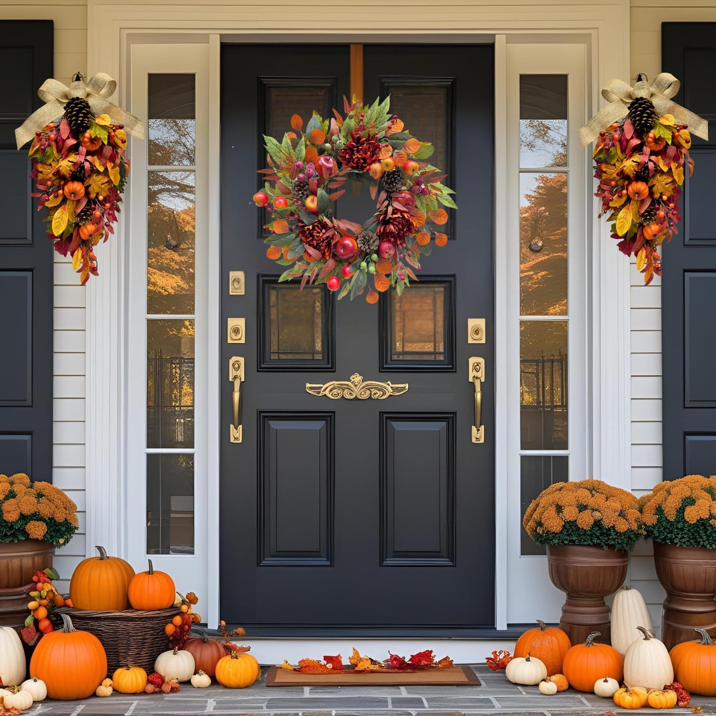 Svndlyn Harvest Teardrop Swag Autumn Floral Swag Wreath with Pumpkin Pine Cones Berries Maple Leaves and Burlap Bow Fall Teardrop Wreath for Home Door Wall Mantel Window Decor