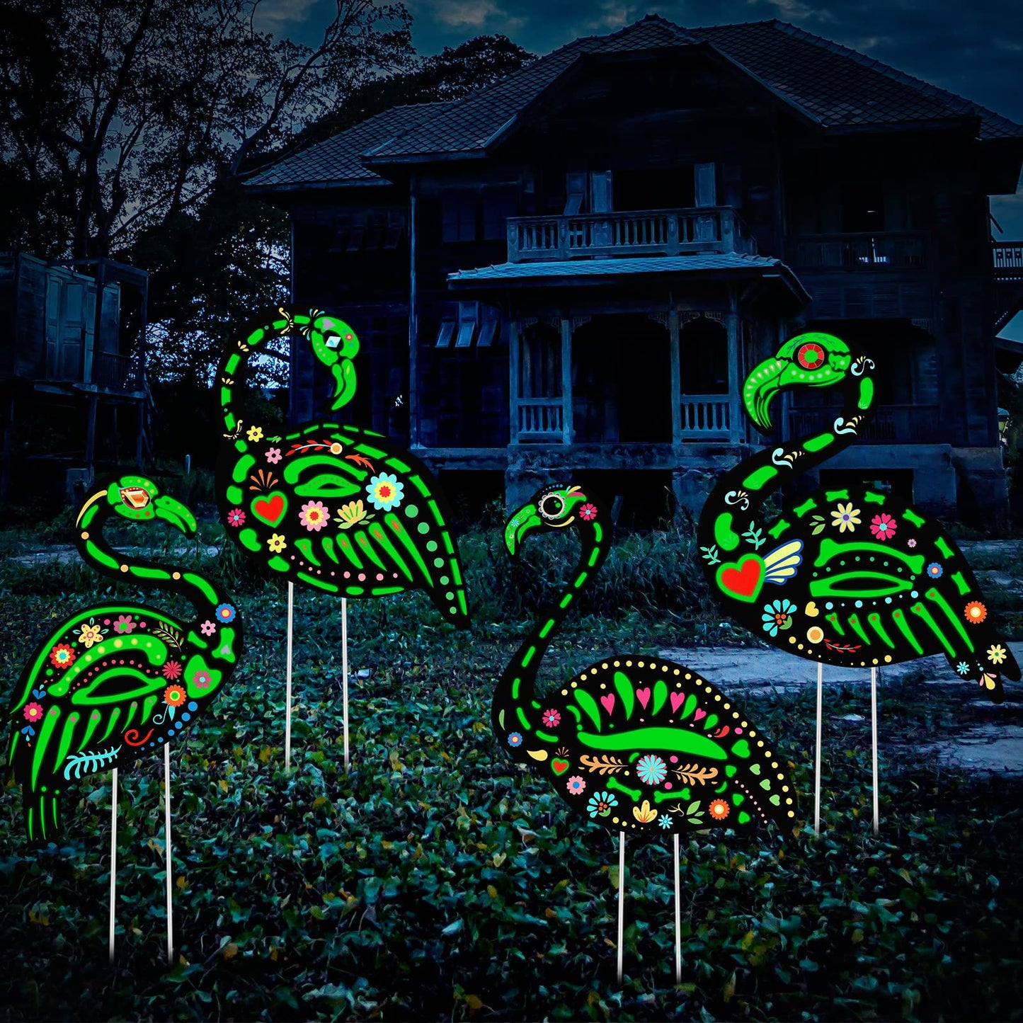 Amyhill 4 Pcs Halloween Glow in The Dark Skeleton Flamingo Yard Ornament with Stake Flamingo Outdoor Lawn Decor Scary Plastic Skeleton Yard Sign for Party