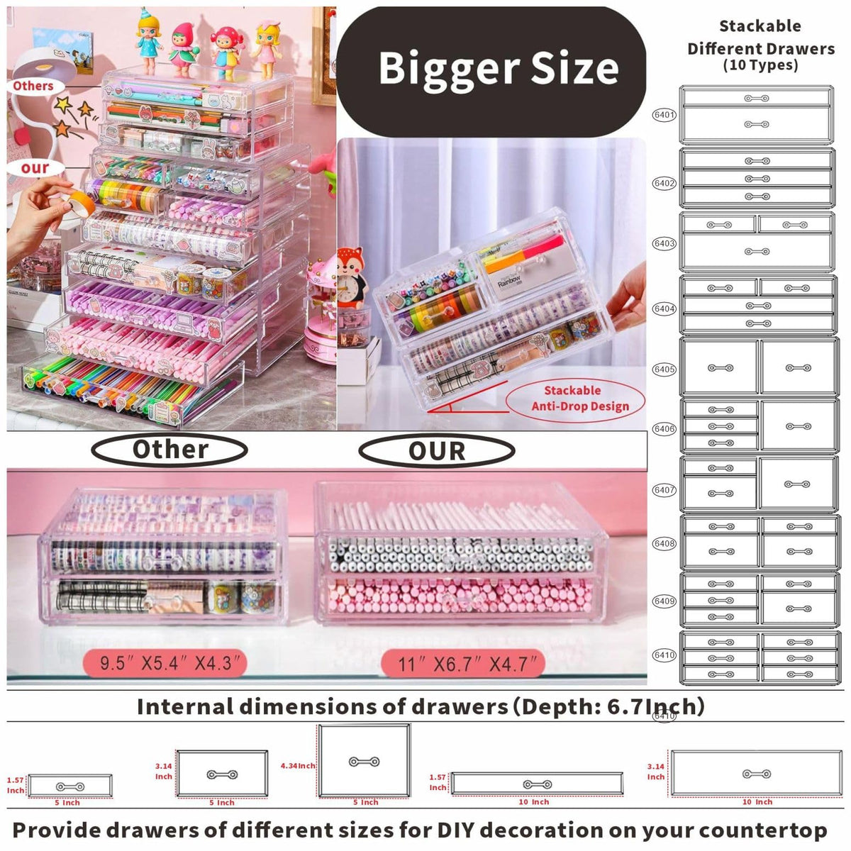 Cq acrylic Clear Storage Drawers,Stackable Make up Organizers And Storage For Vanity Countertop,Large 3 Drawers Plastic Shelf Organizer Bins for Make up,Medicine,Craft,Pen,Beauty Supplies,Pack of 1