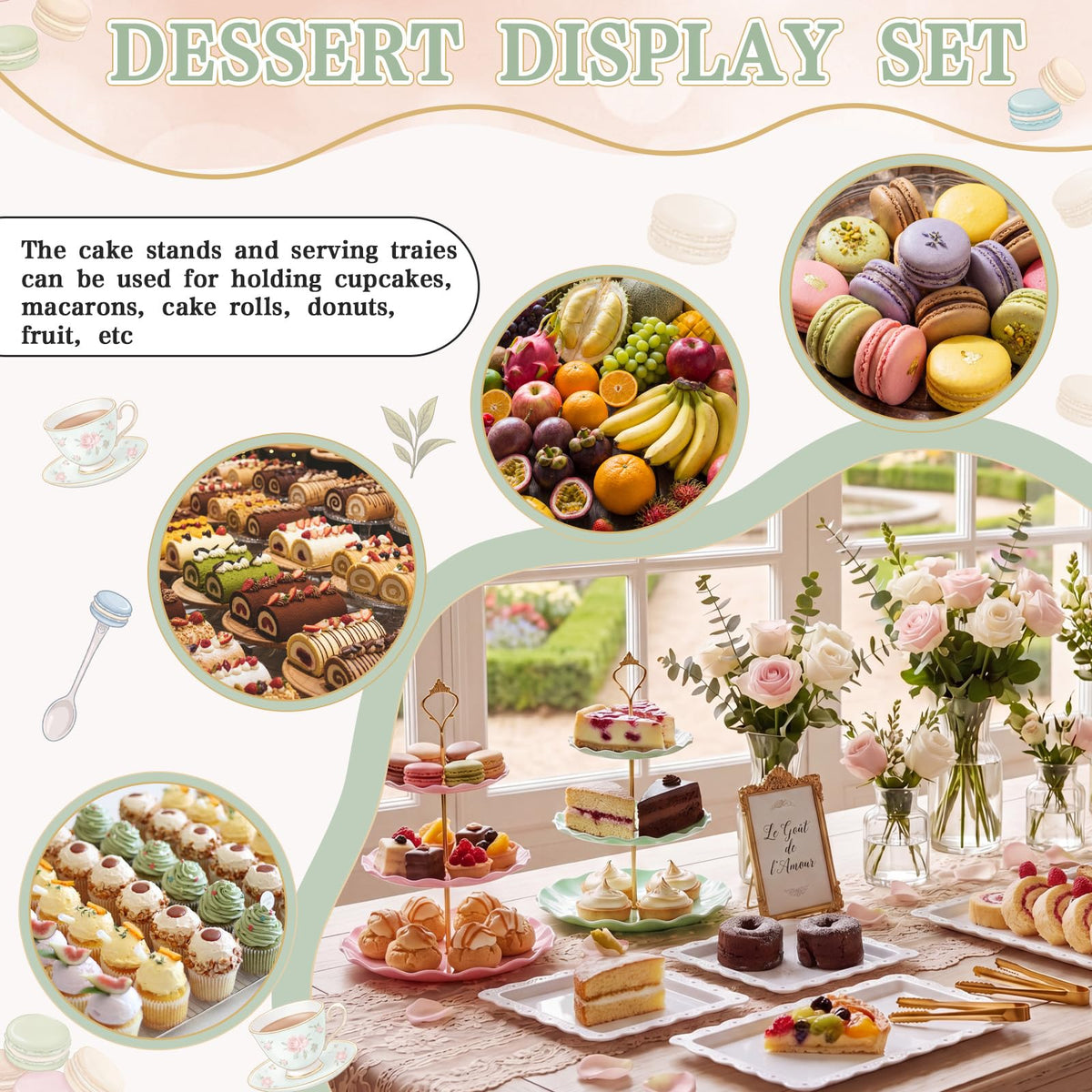 Remerry 16 Pcs Dessert Table Display Set 3 Tier Cupcake Stands Tower Holder Plastic Cookie Serving Trays Gold Serving Tongs for Tea Party Wedding Baby Shower Birthday Table Display (Pink and Green)