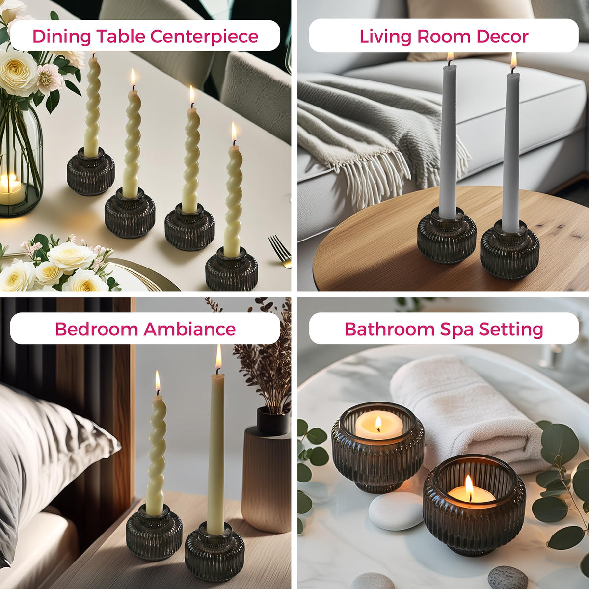 Kate Aspen Taper Candle Holders for Candlesticks, Smoke Grey Ribbed Glass Candlestick Holders Set of 4 - Candlestick Stand Decor, Fall Home Decor Accents, Modern Centerpieces, Black Candle Holder